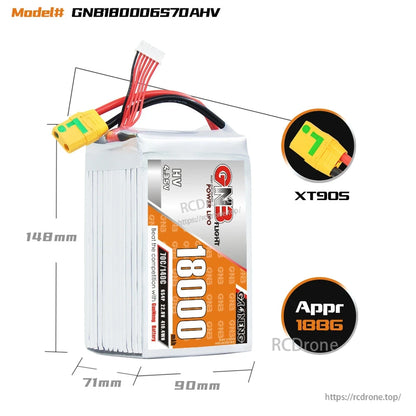 Battery size diagram with approximate dimensions 148 x 90 x 71 mm and XT90S connector callout
