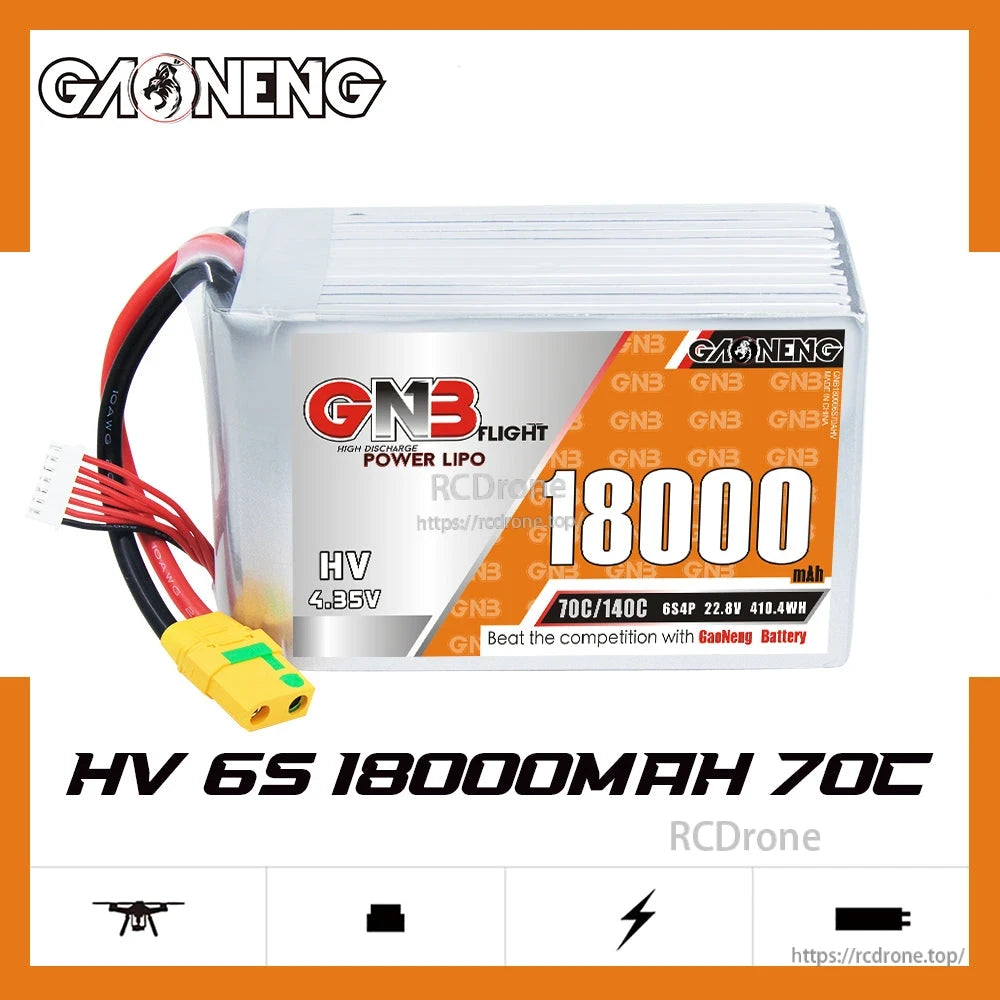 GAONENG GNB HV 6S 18000mAh 70C battery label close-up showing voltage and C-rate