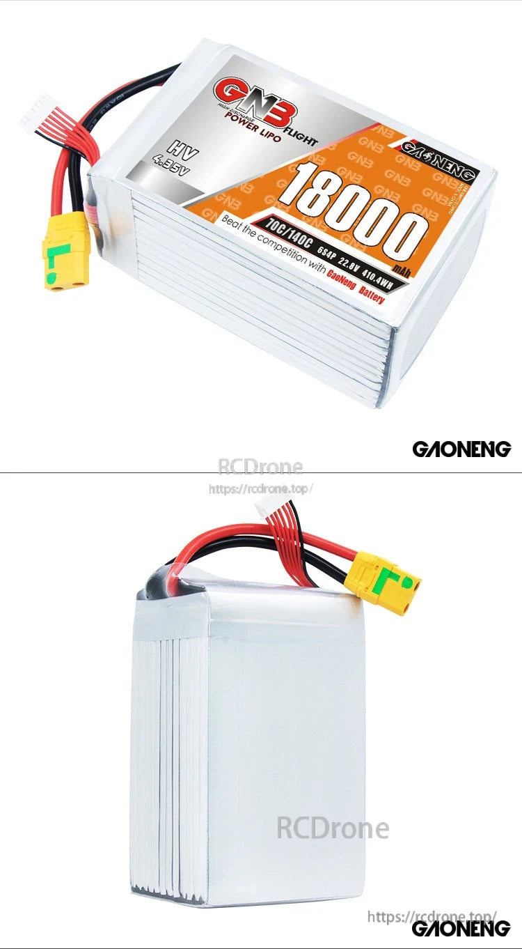 Two-view collage showing labeled front and blank rear side of the LiPo battery