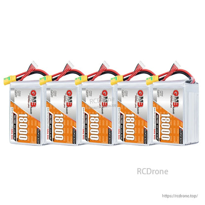 Five-pack lineup of GNB 18000 HV LiPo batteries with wires and connectors visible