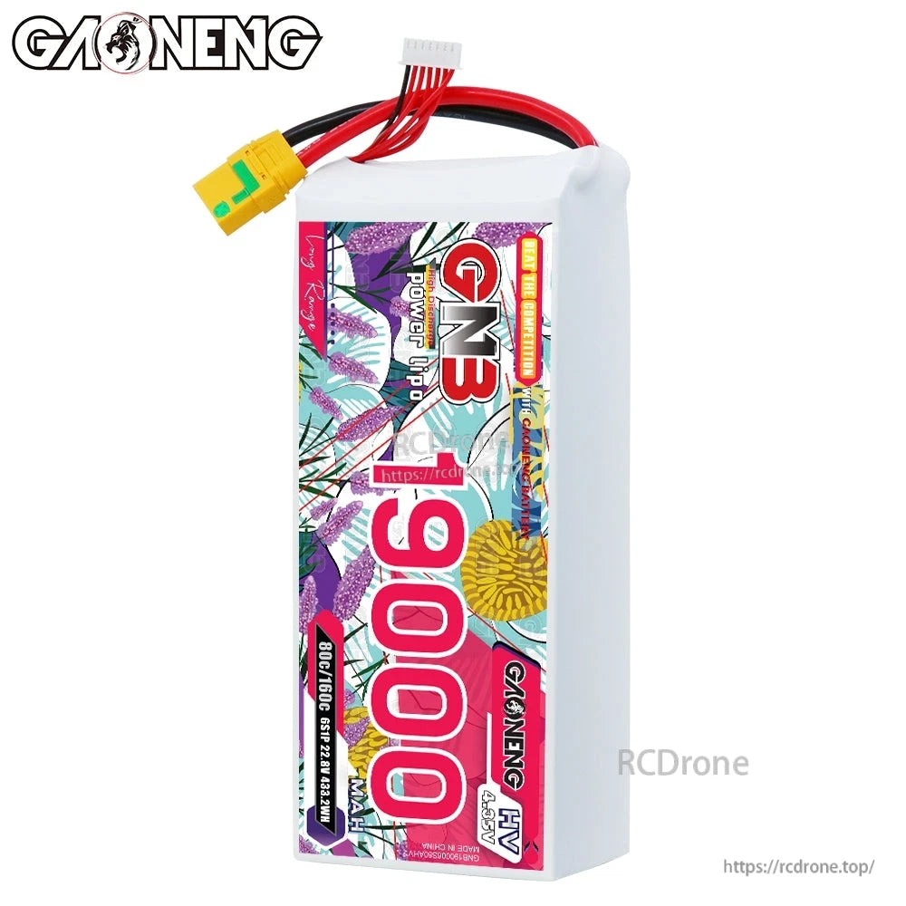 Front label view of GAONENG GNB 19000 HV battery with balance plug and yellow discharge connector