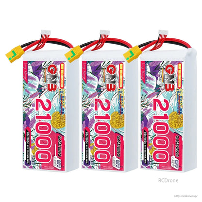 Three GNB 21000mAh HV battery packs lineup, front label view with XT90S connectors