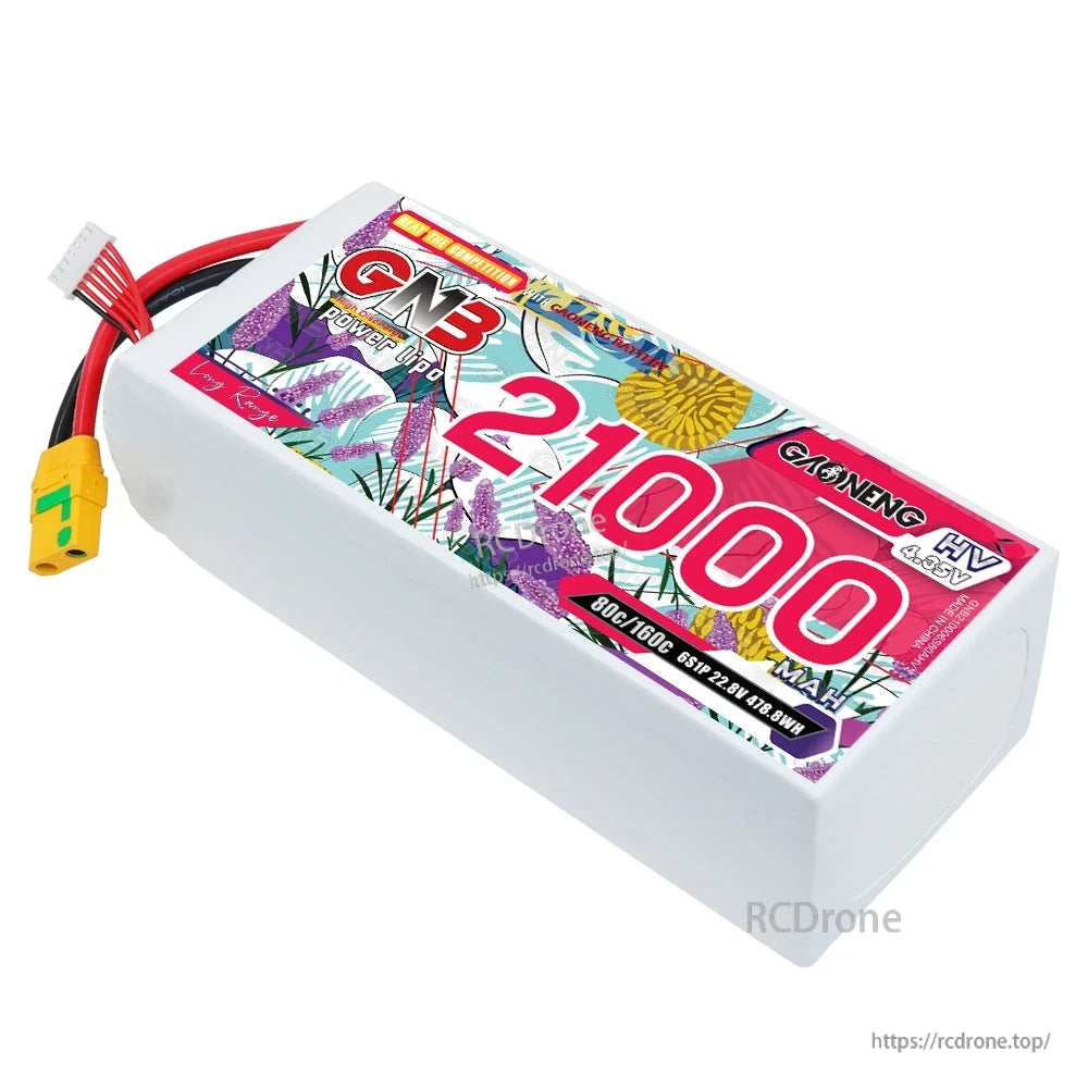 Angled top view of GNB 21000mAh HV LiPo battery showing wrap design and XT90S lead