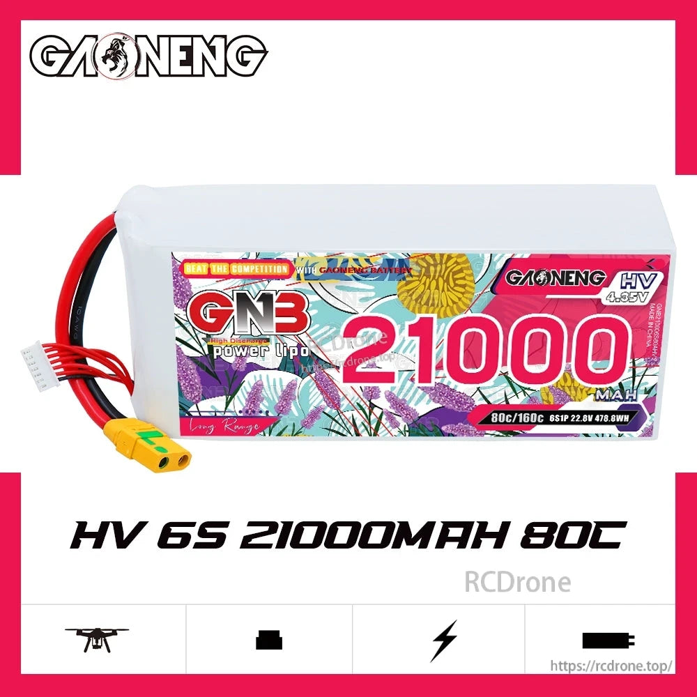 Side view graphic of GAONENG GNB HV 6S 21000mAh 80C LiPo battery on white background