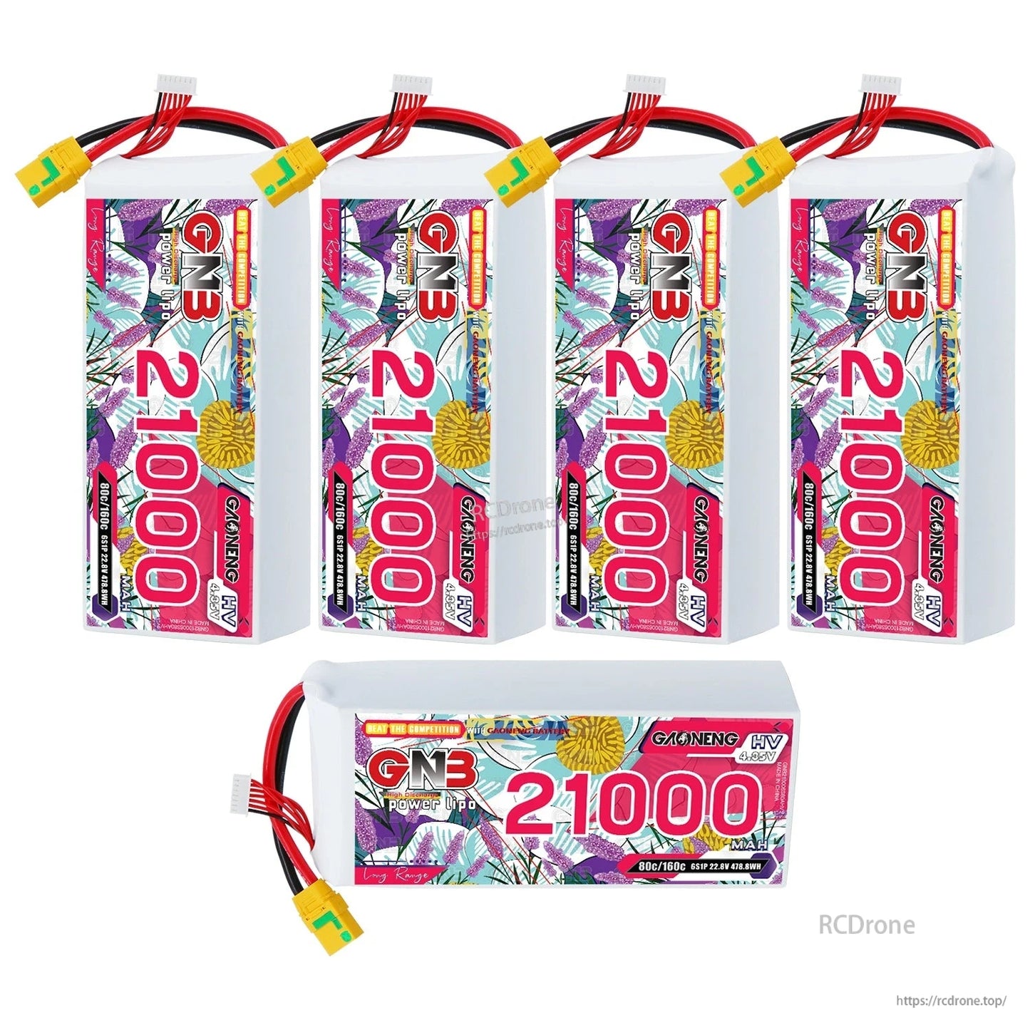 Five-pack display of GNB 21000mAh batteries, four standing and one horizontal