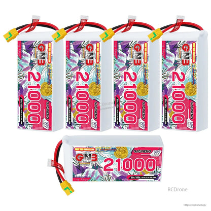 Five-pack display of GNB 21000mAh batteries, four standing and one horizontal