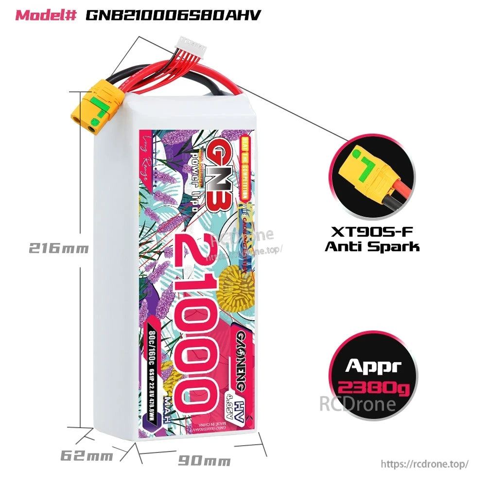 GNB210006S80AHV dimensions 216×90×62mm with XT90S-F anti-spark connector and approx 2300g weight