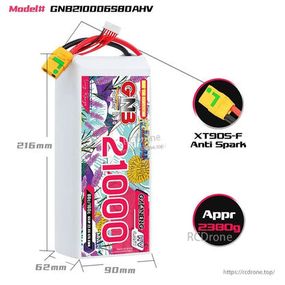 GNB210006S80AHV dimensions 216×90×62mm with XT90S-F anti-spark connector and approx 2300g weight