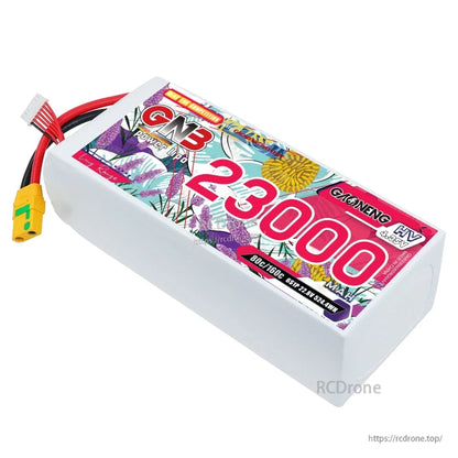 Angled top view of GNB 23000mAh HV LiPo battery showing label, discharge lead and balance connector
