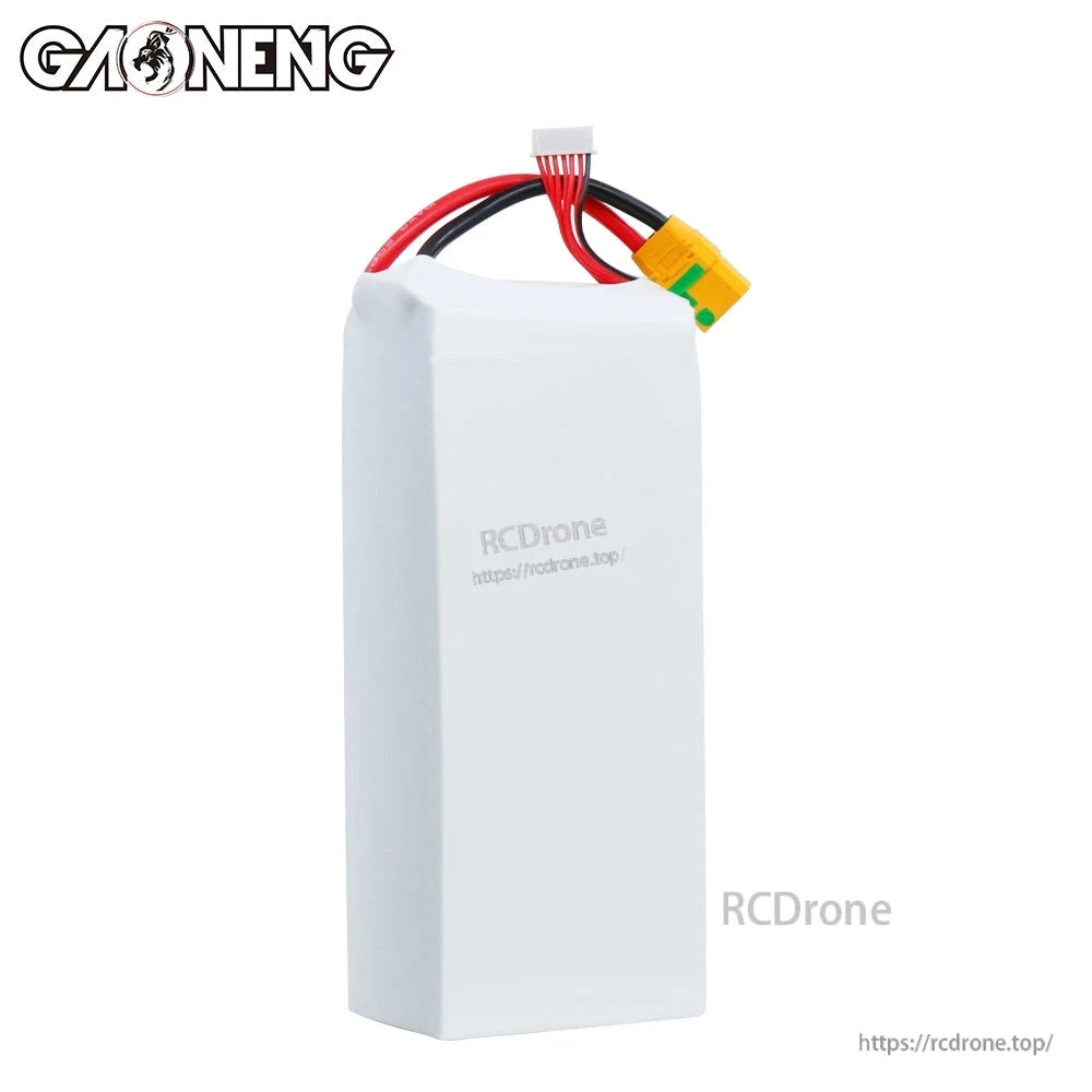 Rear/plain side view of white shrink-wrapped GNB battery pack showing cable exit and connectors