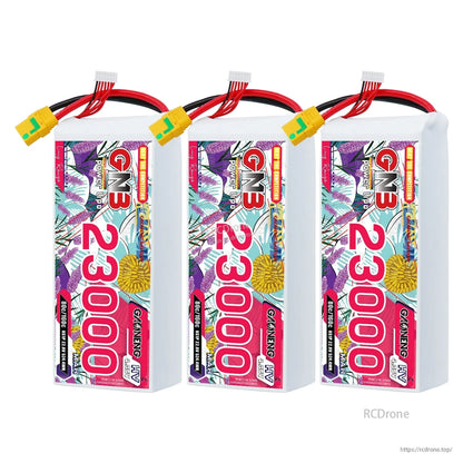 Three GNB 23000mAh HV 6S LiPo battery packs lineup, front label view with XT90S connectors
