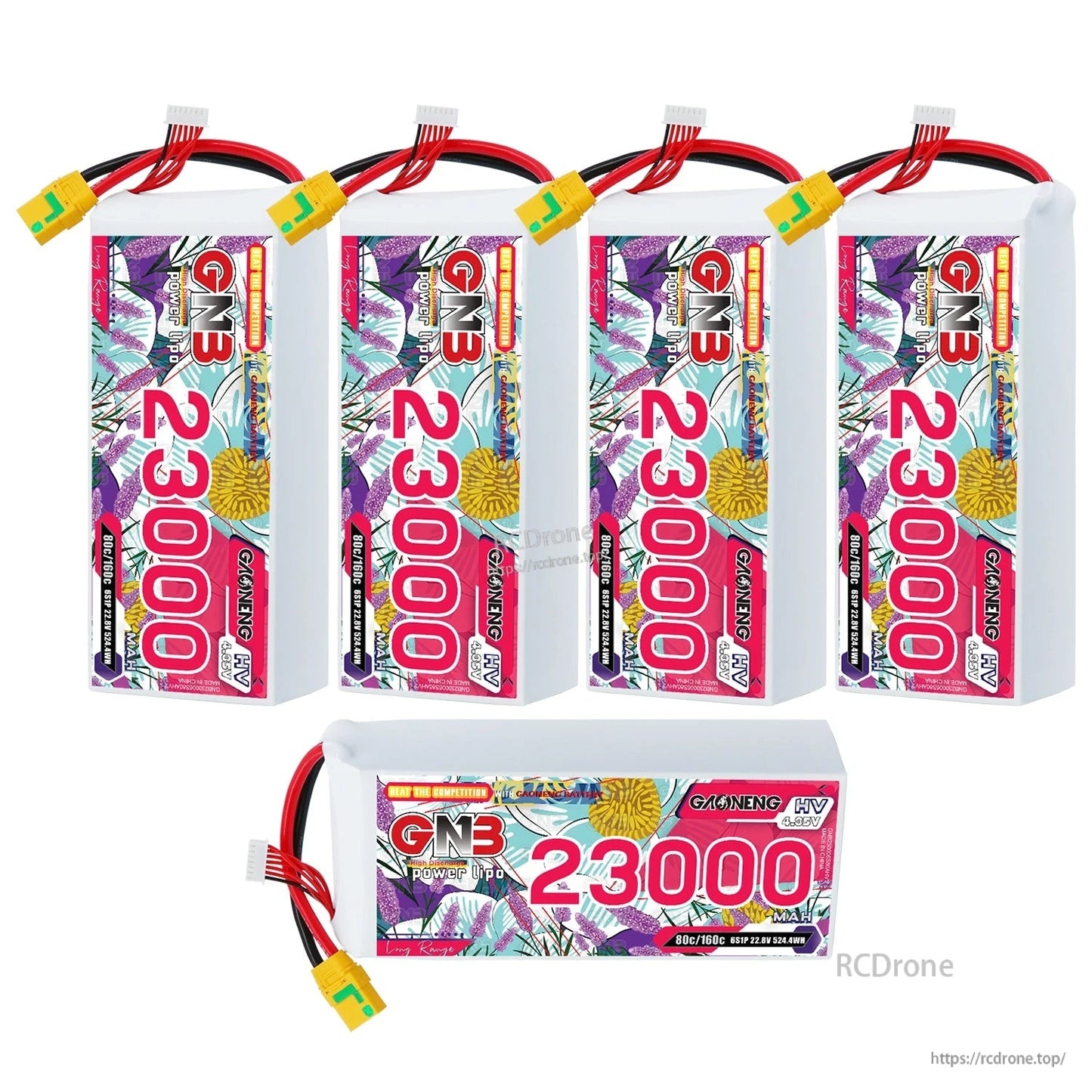 Five-pack display: four GNB 23000mAh HV 6S LiPo packs standing plus one horizontal pack
