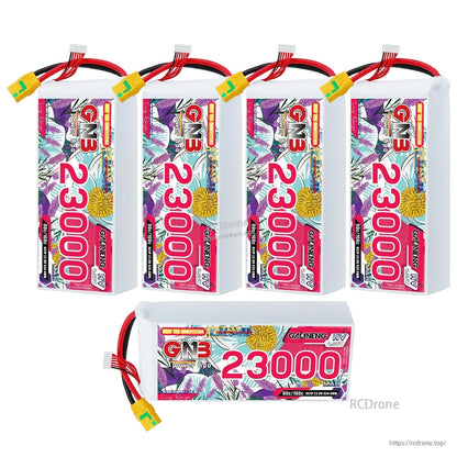 Five-pack display: four GNB 23000mAh HV 6S LiPo packs standing plus one horizontal pack