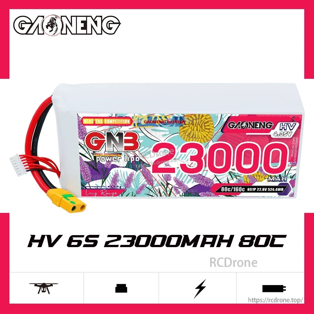 GNB HV 6S 23000mAh 80C LiPo battery promo graphic, horizontal pack view with GAONENG branding