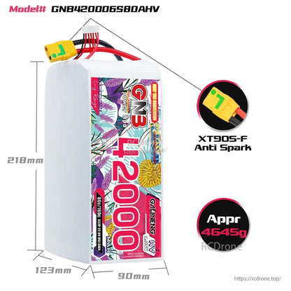 Battery dimensions diagram 218×123×90 mm, approx 4645 g, XT90S-F anti-spark connector callout