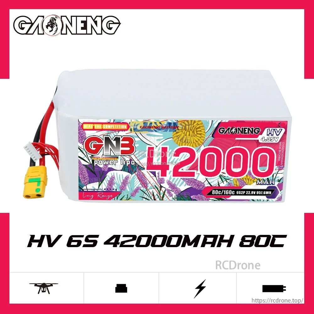 GAONENG GNB HV 6S 42000mAh 80C RC LiPo battery front label view with XT90S lead