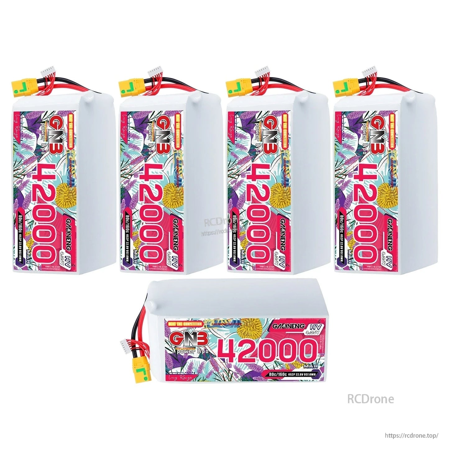 Bundle layout showing four upright batteries plus one battery shown horizontally with label visible