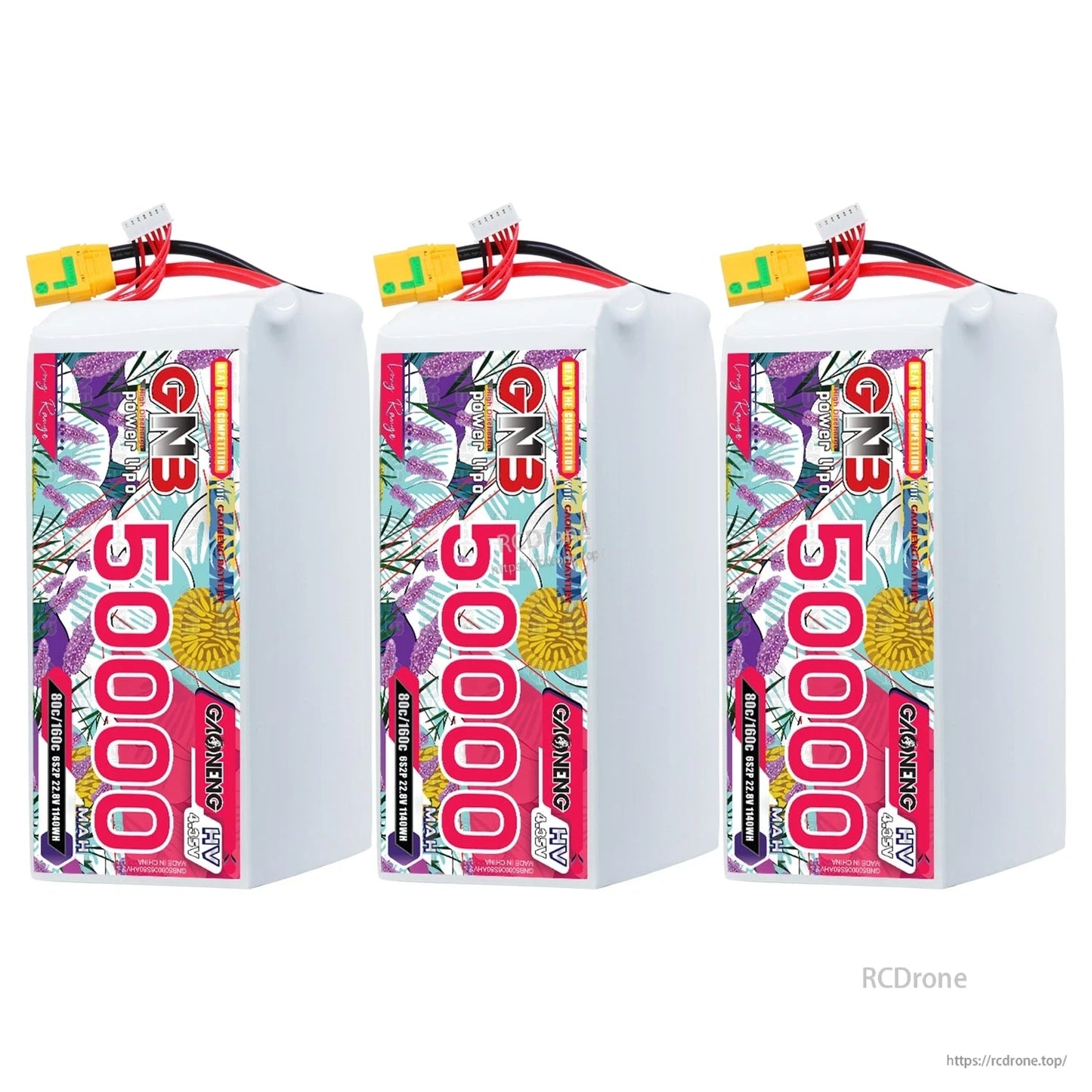 Three GNB 50000mAh HV LiPo battery packs lined up with XT90S connectors