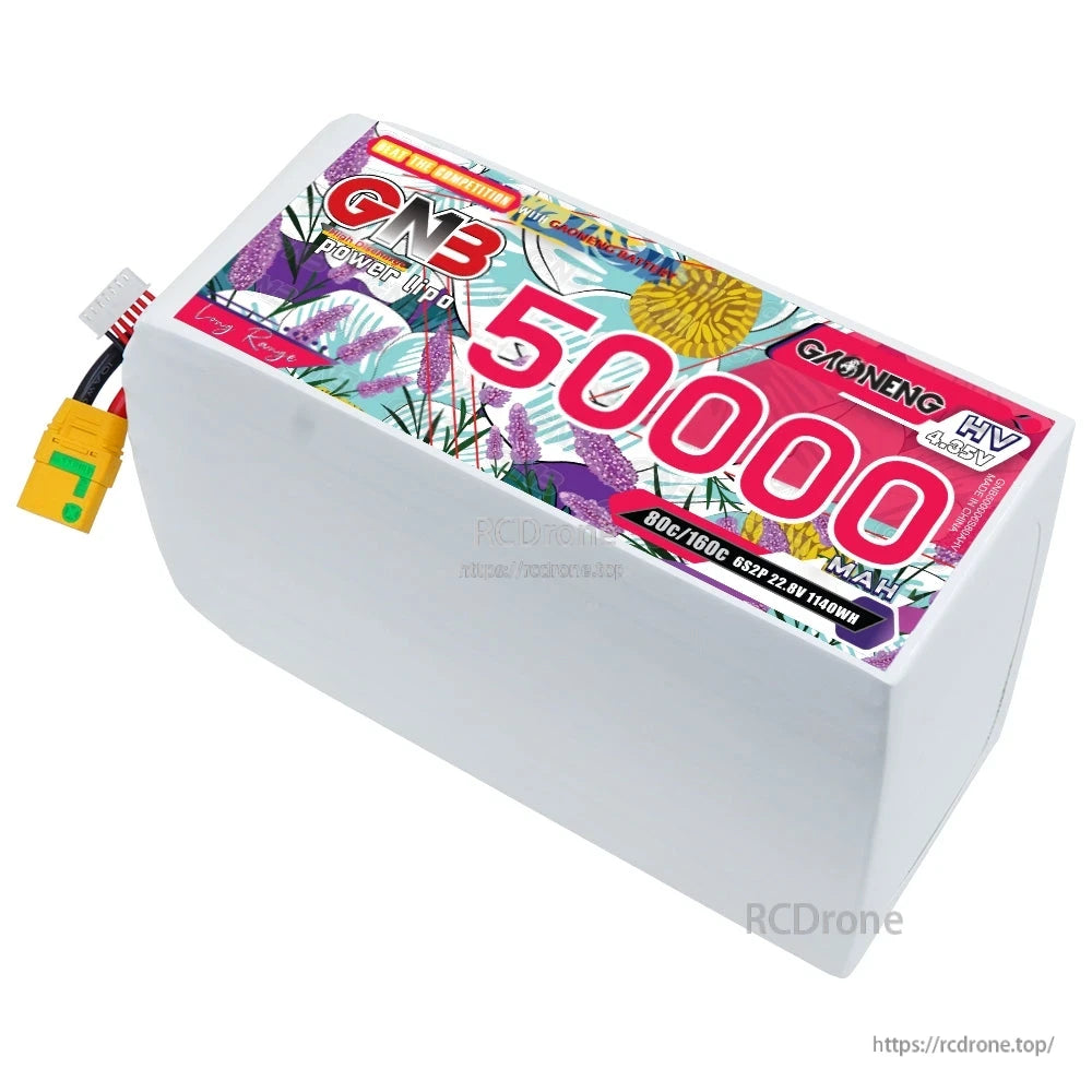 Angled top view of GNB 50000mAh HV battery showing label and XT90S power plug