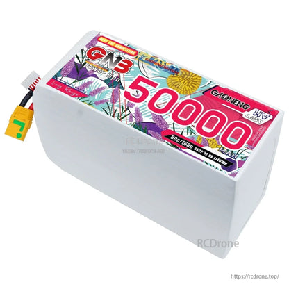 Angled top view of GNB 50000mAh HV battery showing label and XT90S power plug