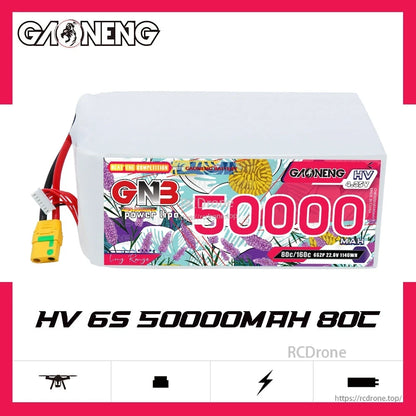GNB HV 6S 50000mAh 80C LiPo battery side label view with XT90S lead