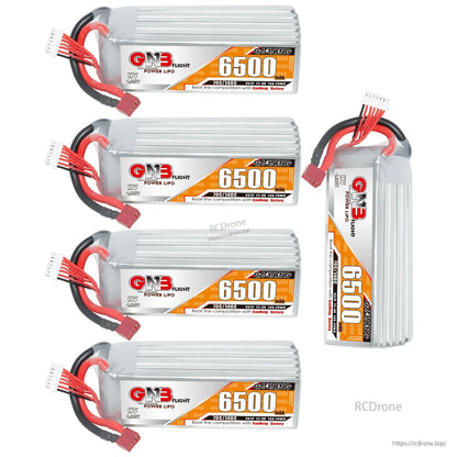 Five GNB 6500mAh HV 6S LiPo batteries set with four horizontal packs and one upright