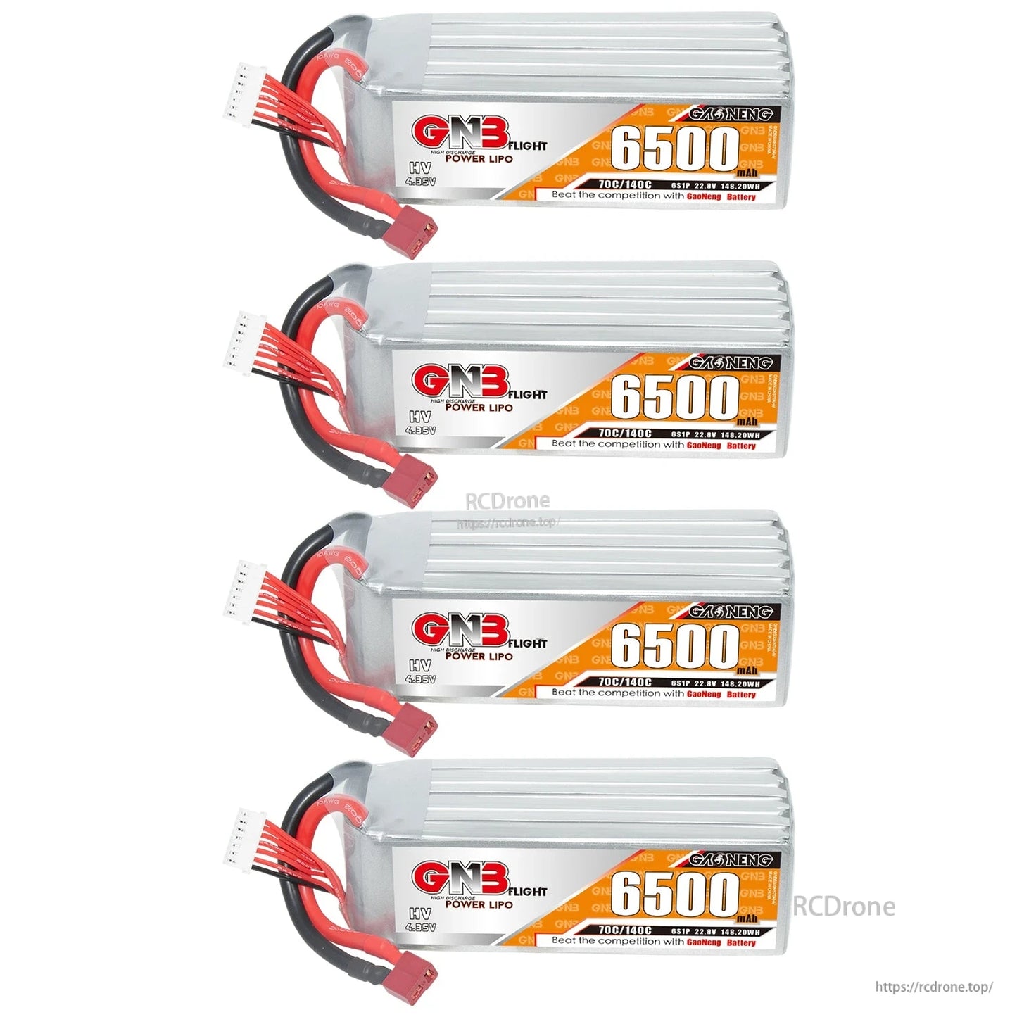 Four GNB 6500mAh HV 6S LiPo batteries shown together, stacked layout