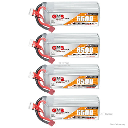 Four GNB 6500mAh HV 6S LiPo batteries shown together, stacked layout