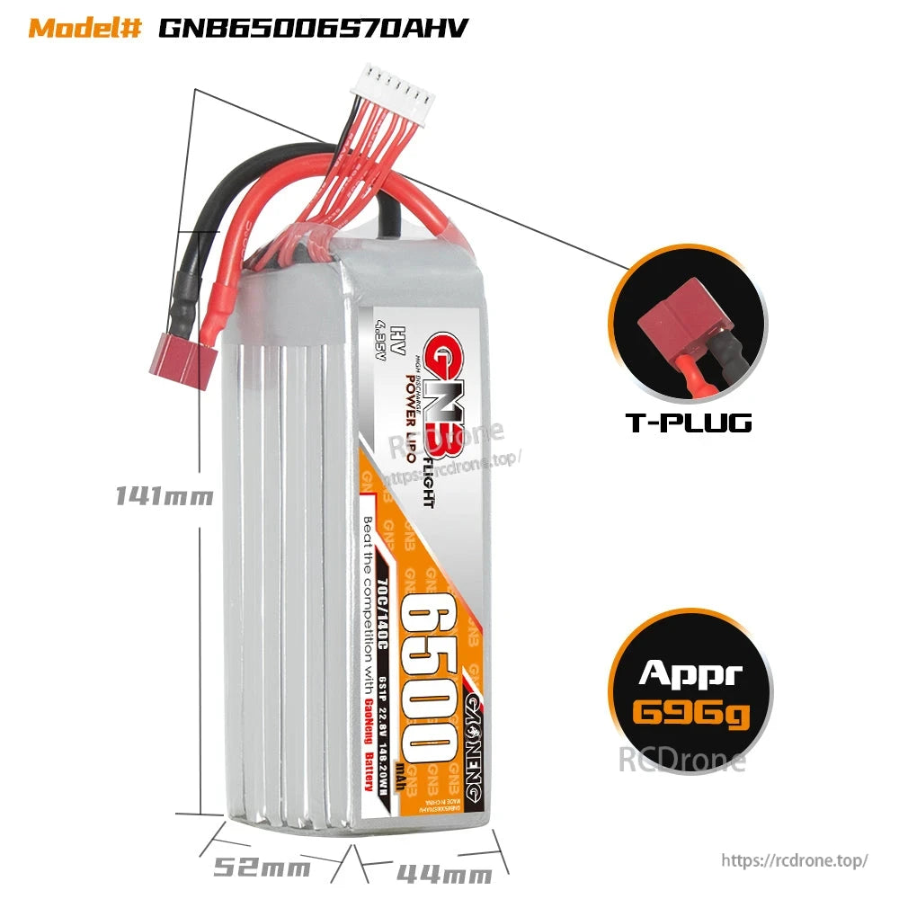 Battery size and connector diagram: 141×52×44mm, T-plug, approx 690g