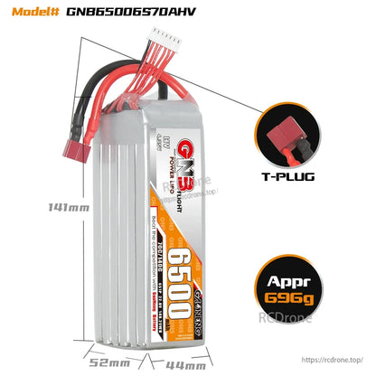 Battery size and connector diagram: 141×52×44mm, T-plug, approx 690g