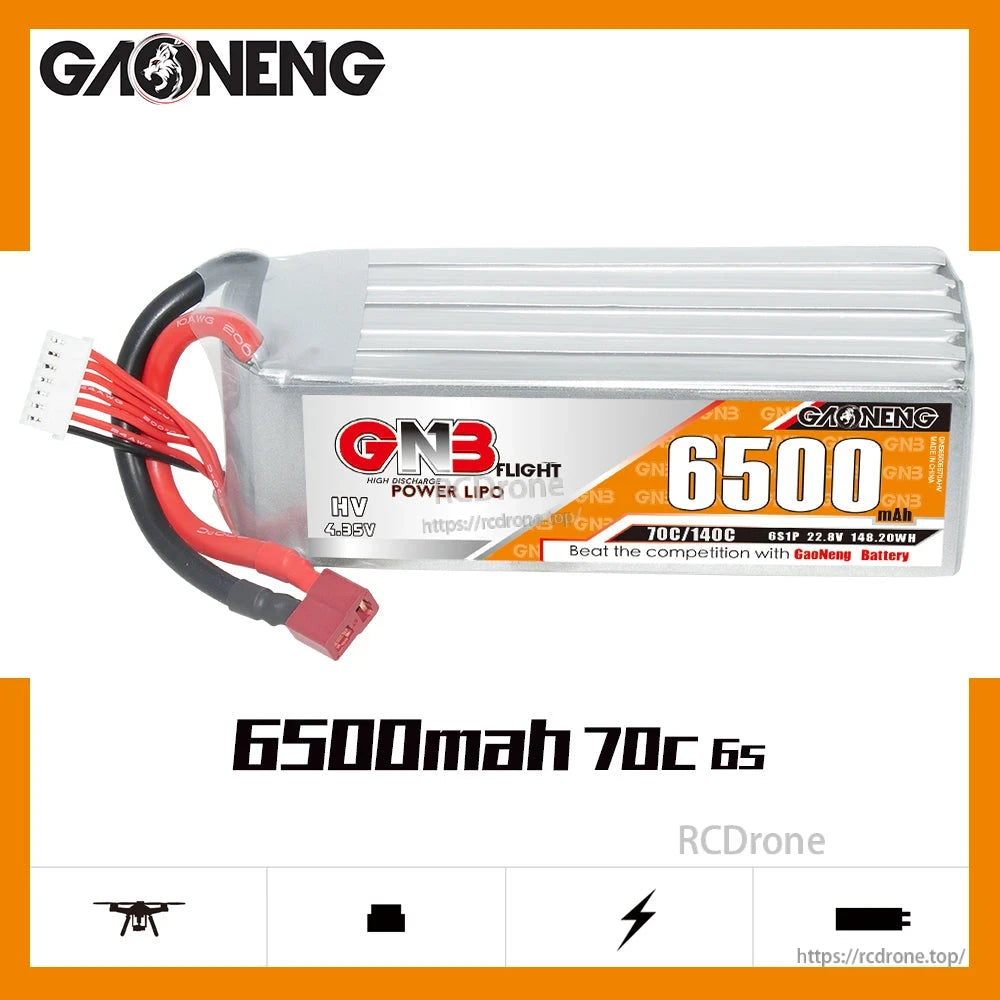 GAONENG GNB 6S LiHV LiPo Battery 6500mAh 70C label and side profile close view