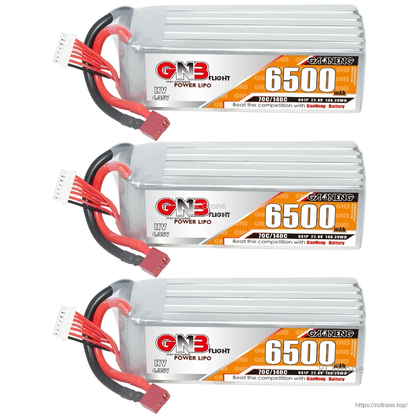 Three GNB 6500mAh HV 6S LiPo batteries shown in a set, horizontal orientation