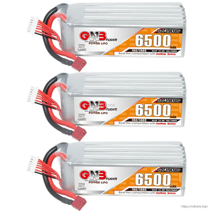 Three GNB 6500mAh HV 6S LiPo batteries shown in a set, horizontal orientation