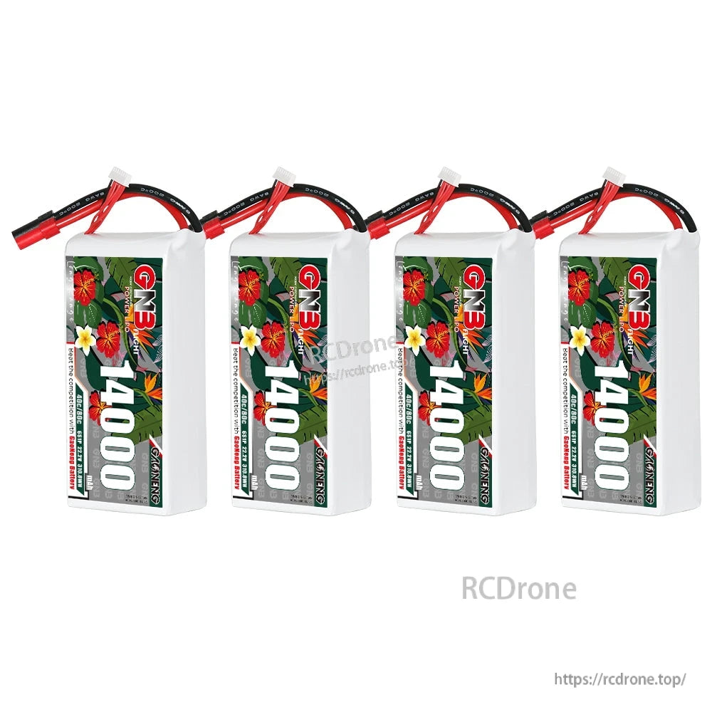Four GAONENG GNB 14000mAh LiPo batteries standing upright, group view