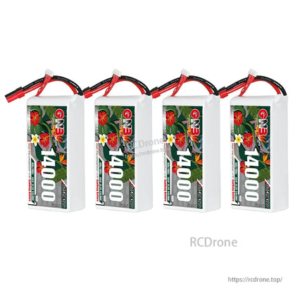 Four GAONENG GNB 14000mAh LiPo batteries standing upright, group view