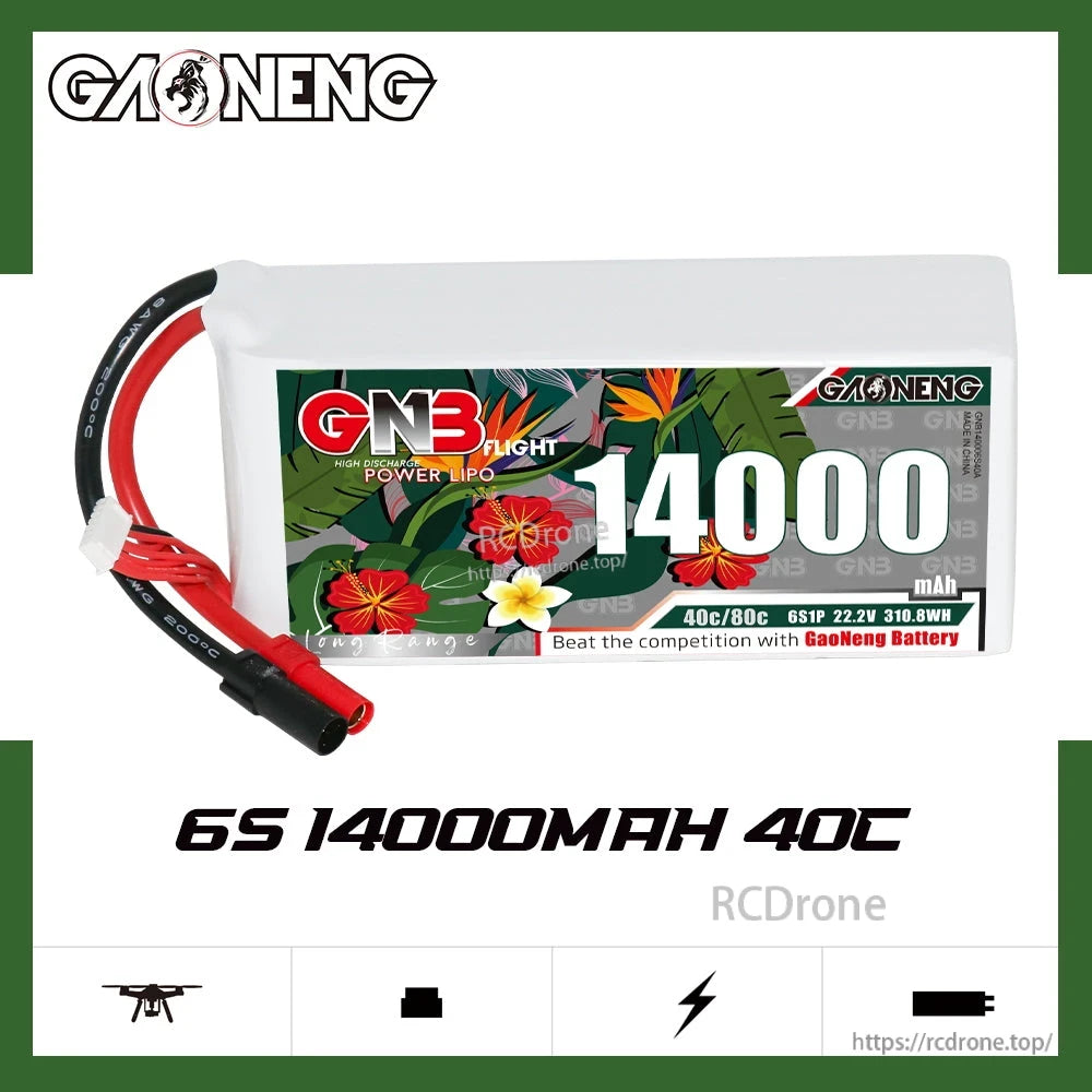 GAONENG GNB 6S 14000mAh 40C RC LiPo battery product graphic with drone icons