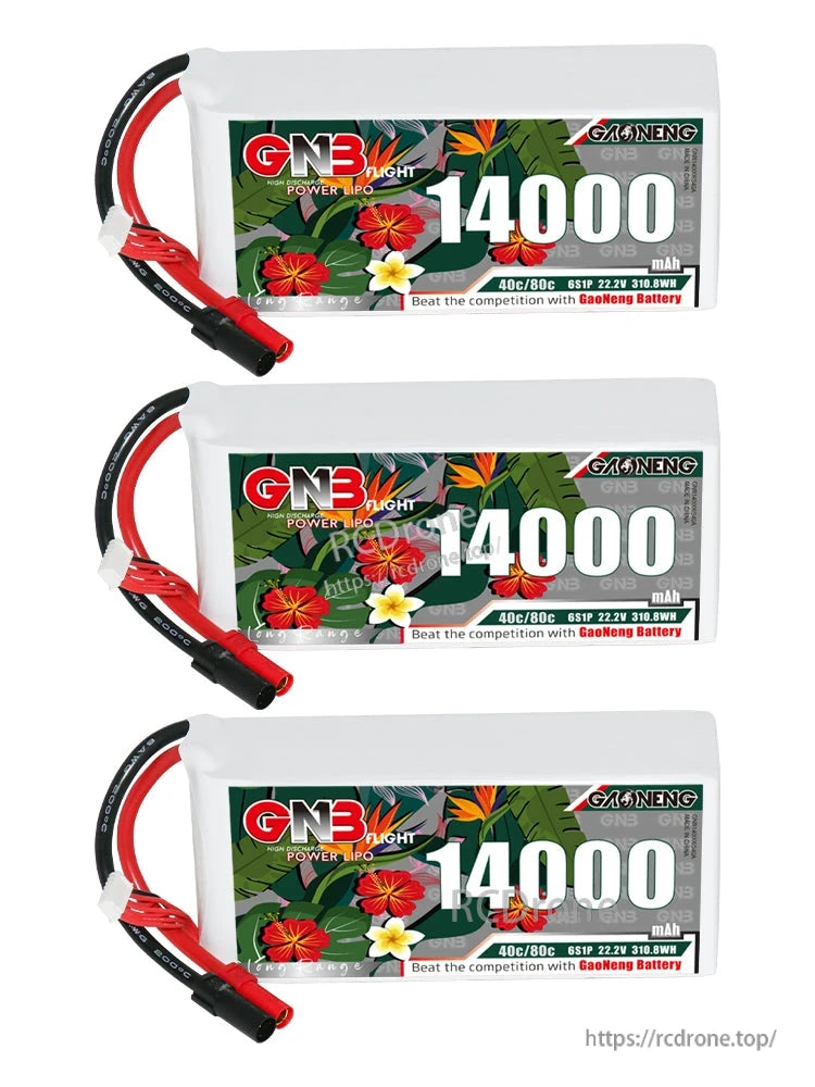 Three GNB 14000mAh 6S LiPo batteries stacked, label side with XT150 leads