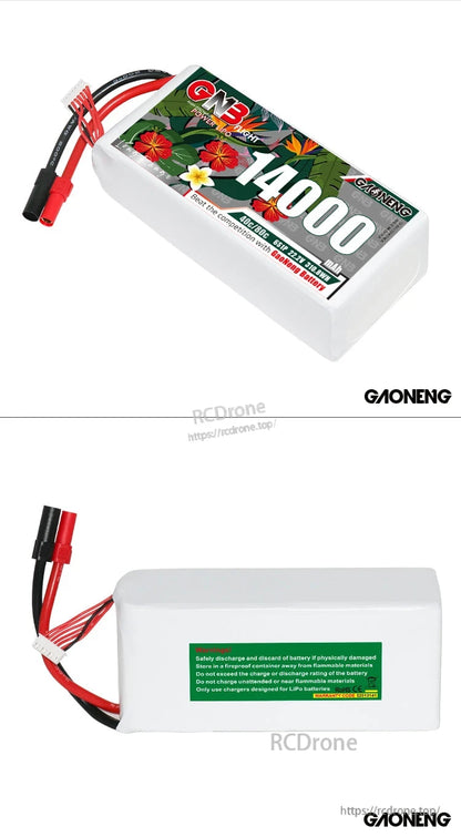 Front and back views of the GNB 14000mAh LiPo battery shown together