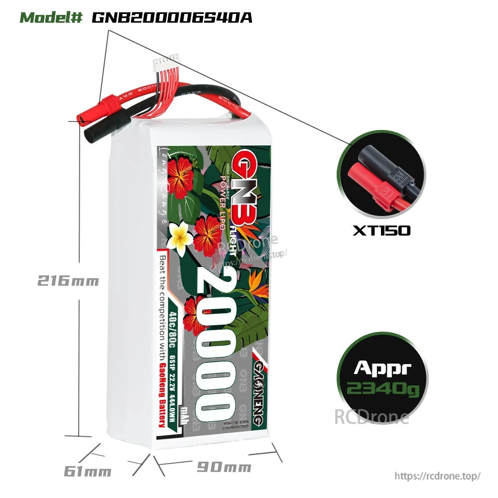 Battery dimensions 215×90×61 mm with XT150 connector close-up and approx 2340 g weight