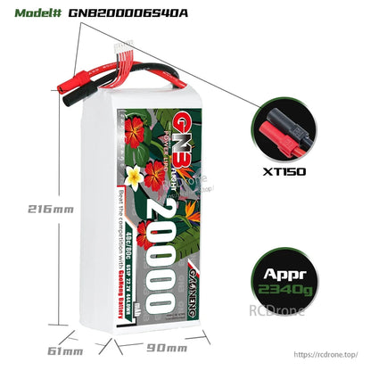 Battery dimensions 215×90×61 mm with XT150 connector close-up and approx 2340 g weight