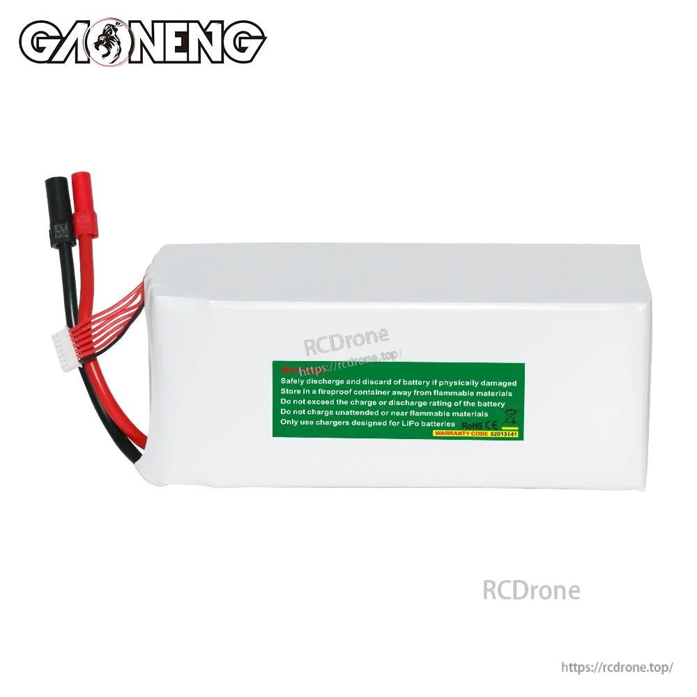 Rear side view with green safety warning label on GAONENG LiPo battery casing