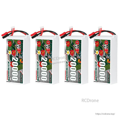 Four GAONENG 20000mAh LiPo batteries standing upright, front labels facing