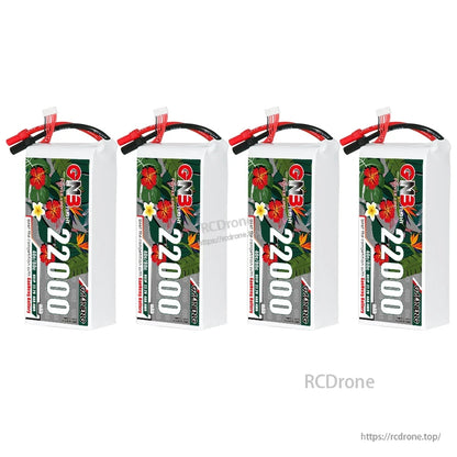 Four GNB 22000mAh LiPo batteries standing upright in a row, front labels visible