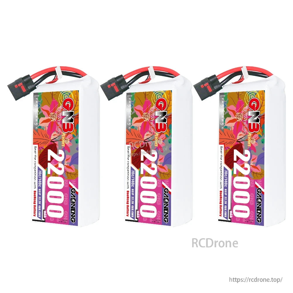 Three GAONENG GNB 22000mAh LiPo battery packs lined up, each with QS8 connector lead
