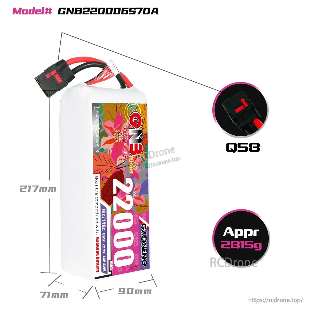 GNB220006S70A battery dimensions diagram with QS8 connector close-up and approx weight callout