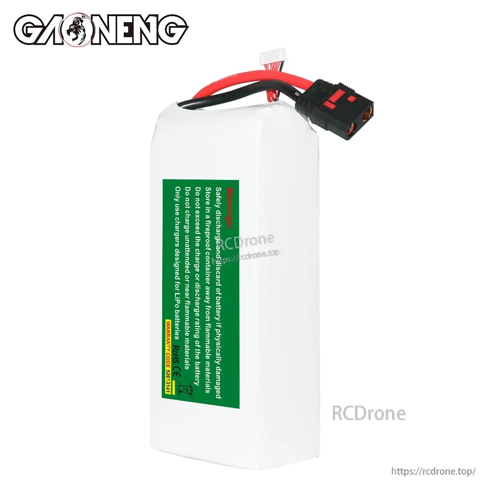 Side view with green safety warning label and QS8 discharge lead on GAONENG 6S LiPo pack