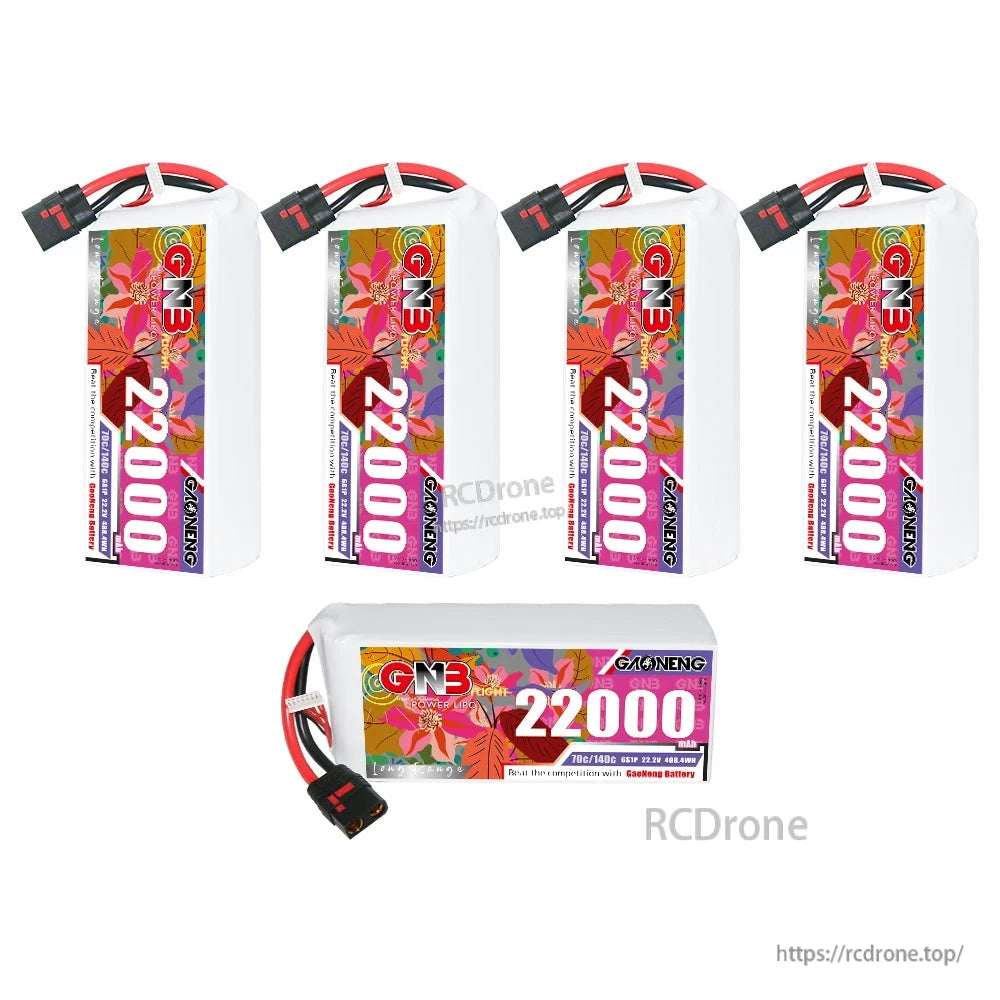 Bundle layout showing four vertical GNB 22000mAh packs plus one horizontal pack, QS8 leads