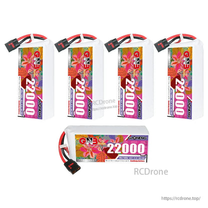 Bundle layout showing four vertical GNB 22000mAh packs plus one horizontal pack, QS8 leads