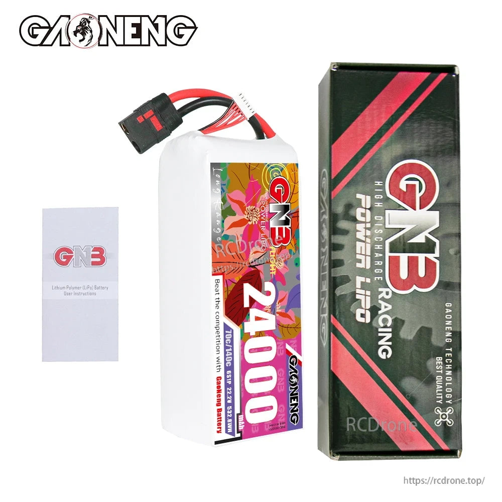 Package contents: GNB 24000mAh LiPo battery, retail box, and GN3 user instructions booklet