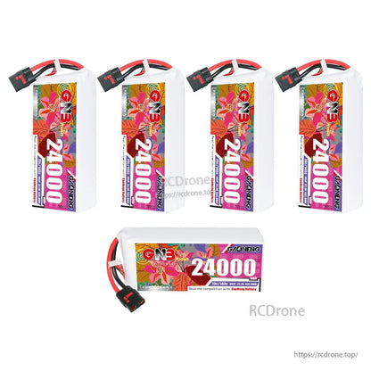 Group set showing four upright and one horizontal GNB 24000mAh battery packs with QS8 leads
